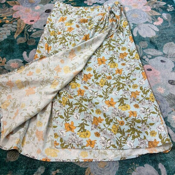 Cynthia Rowley Midi Skirt Linen Wrap Small Light Blue Floral Summer Leaves Long - Picture 8 of 12